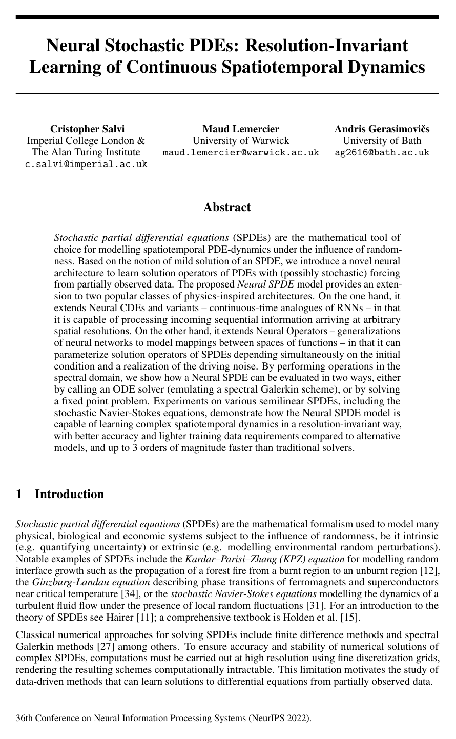 Cover for Neural Stochastic PDEs: Resolution-Invariant Learning of Continuous Spatiotemporal Dynamics