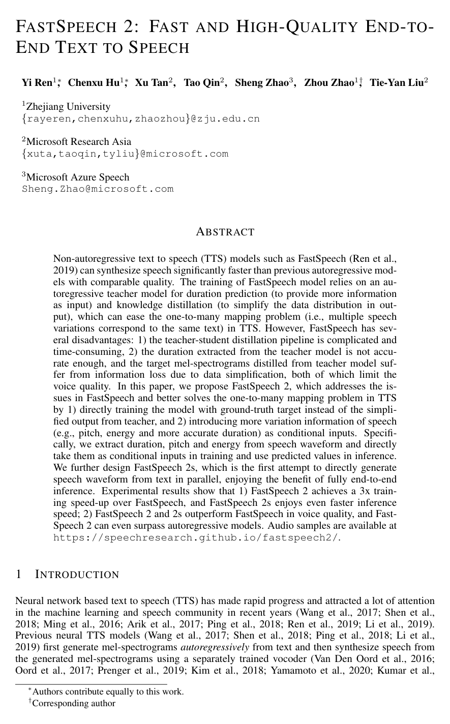 Cover for FastSpeech 2: Fast and High-Quality End-to-End Text to Speech