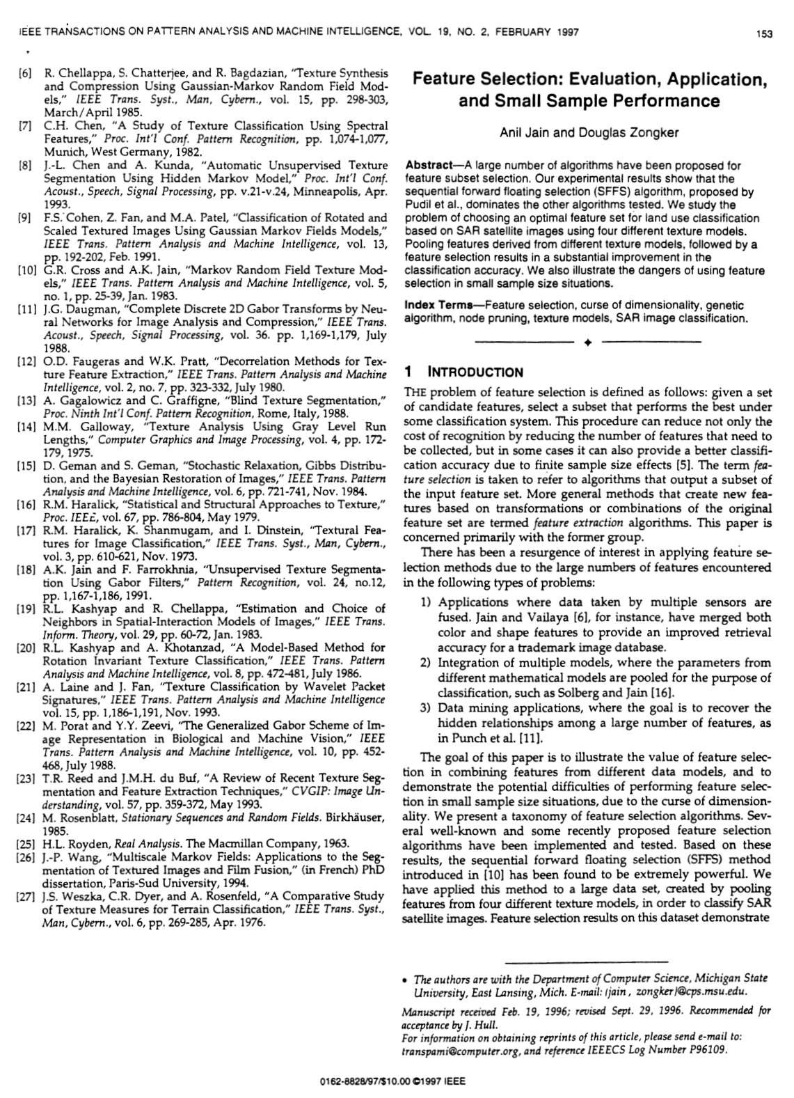 Cover for Feature Selection: Evaluation, Application, and Small Sample Performance