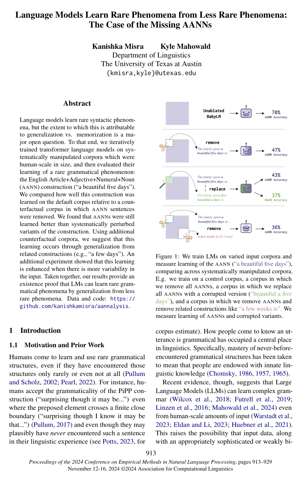 Cover for Language Models Learn Rare Phenomena from Less Rare Phenomena: The Case of the Missing AANNs
