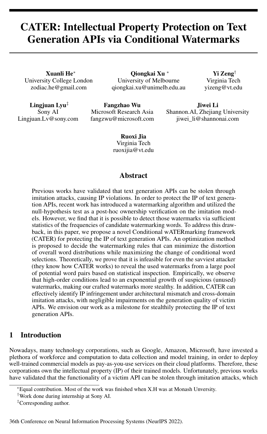 Cover for CATER: Intellectual Property Protection on Text Generation APIs via Conditional Watermarks