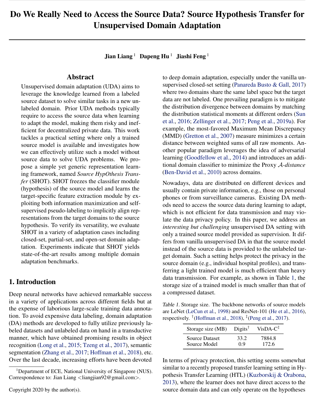 Do We Really Need to Access the Source Data? Source Hypothesis Transfer for Unsupervised Domain Adaptation