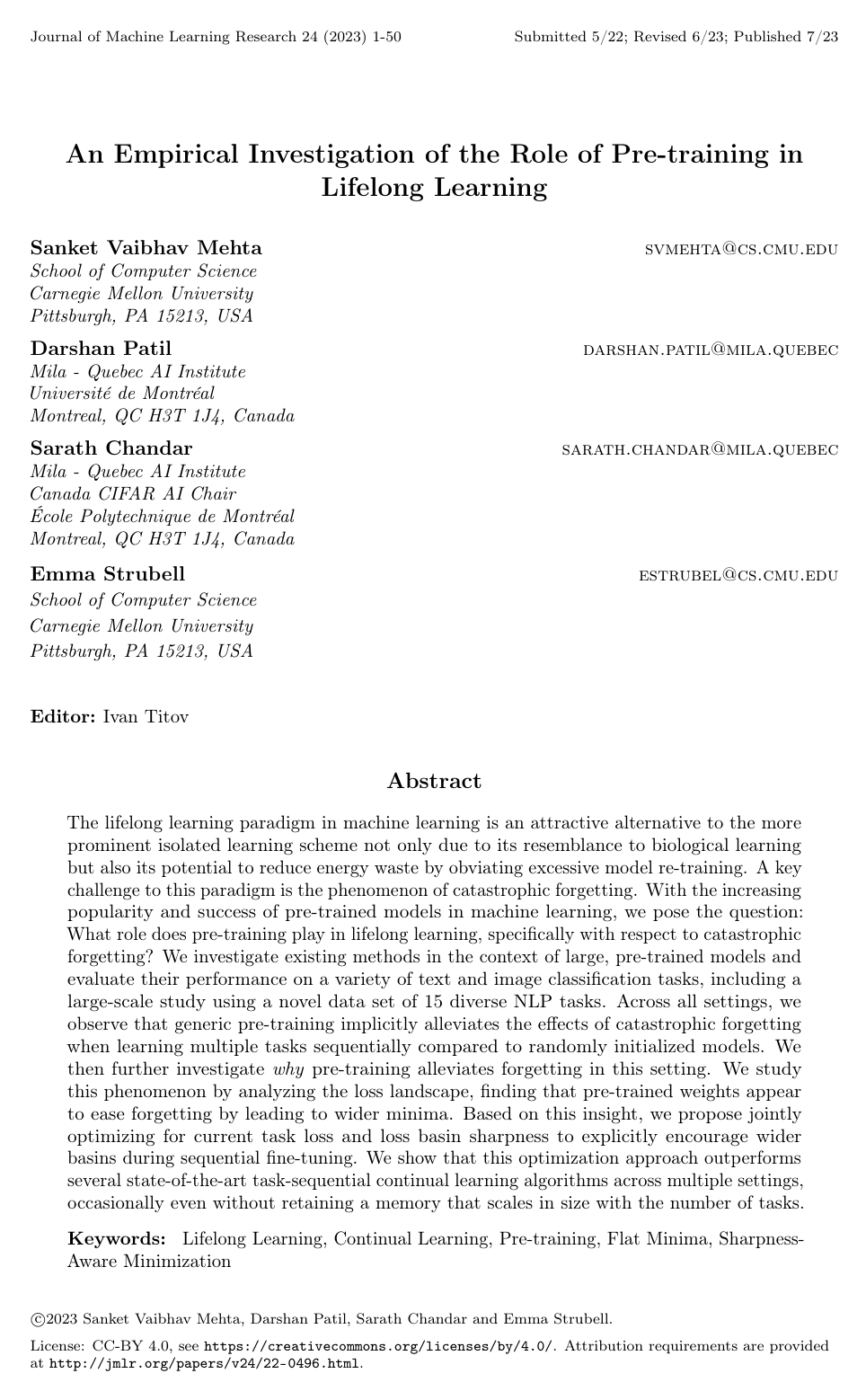 Cover for An Empirical Investigation of the Role of Pre-training in Lifelong Learning