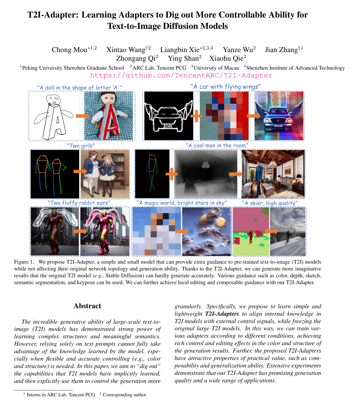 T2I-Adapter: Learning Adapters to Dig Out More Controllable Ability for Text-to-Image Diffusion Models