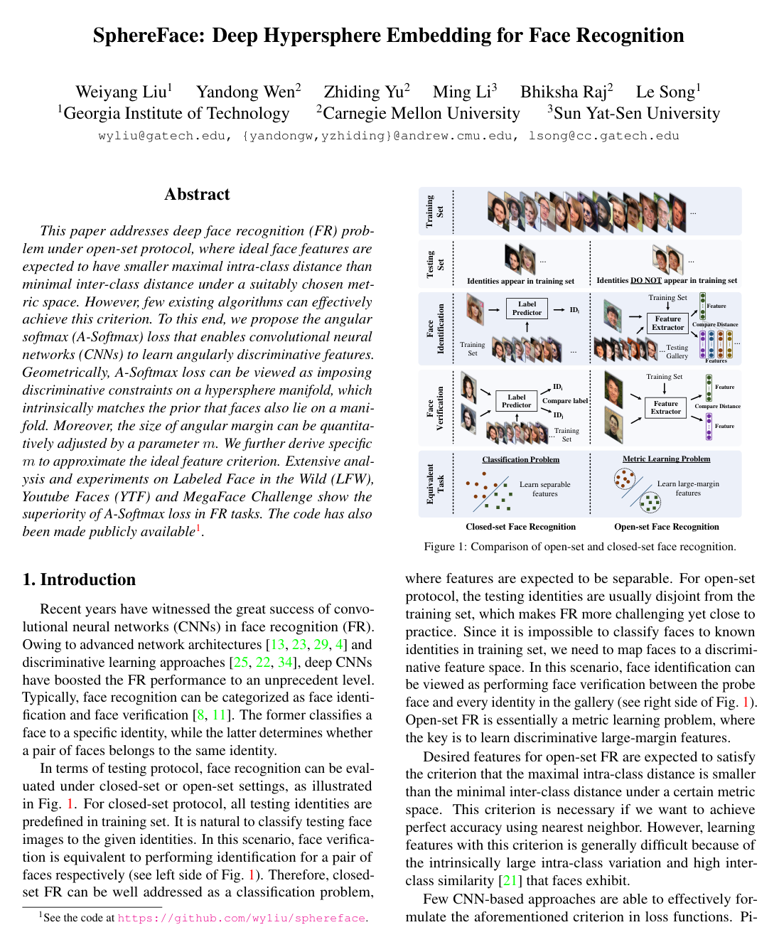 SphereFace: Deep Hypersphere Embedding for Face Recognition