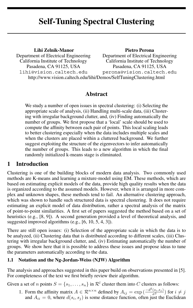 Self-Tuning Spectral Clustering