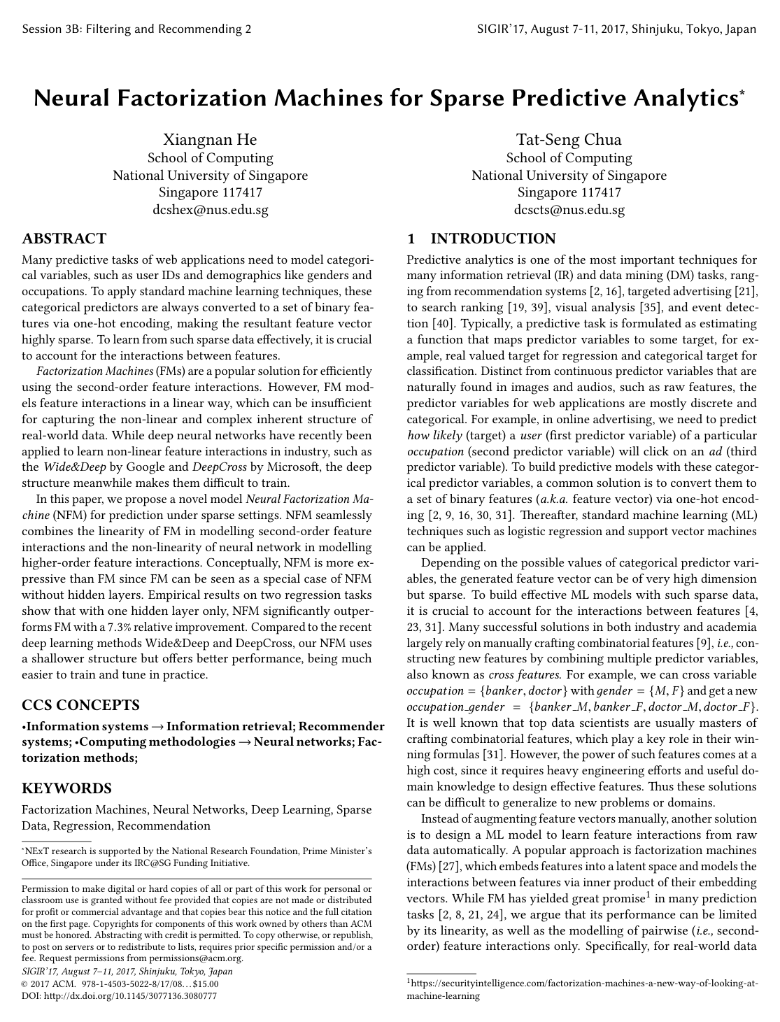 Neural Factorization Machines for Sparse Predictive Analytics