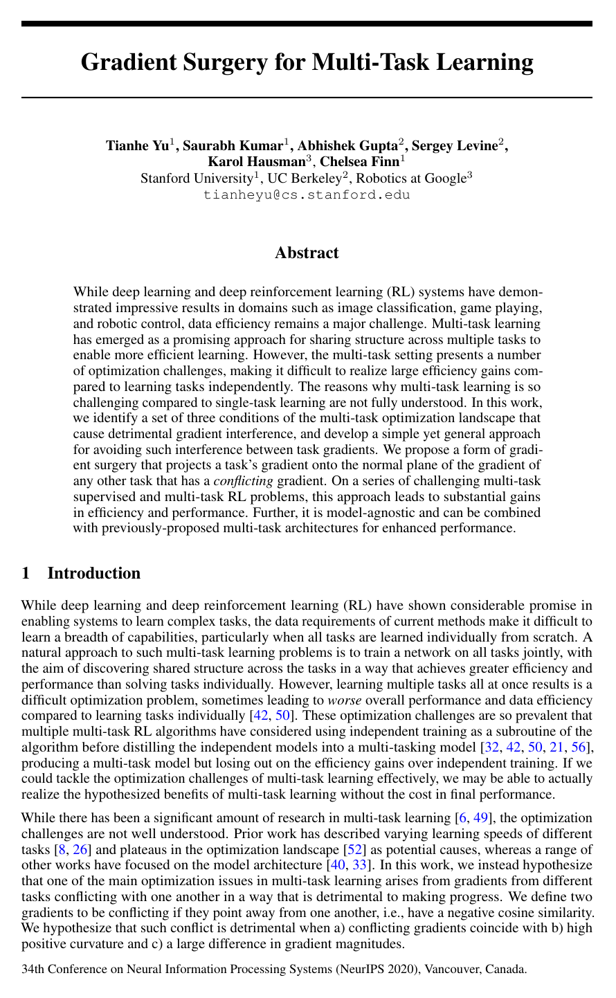 Gradient Surgery for Multi-Task Learning