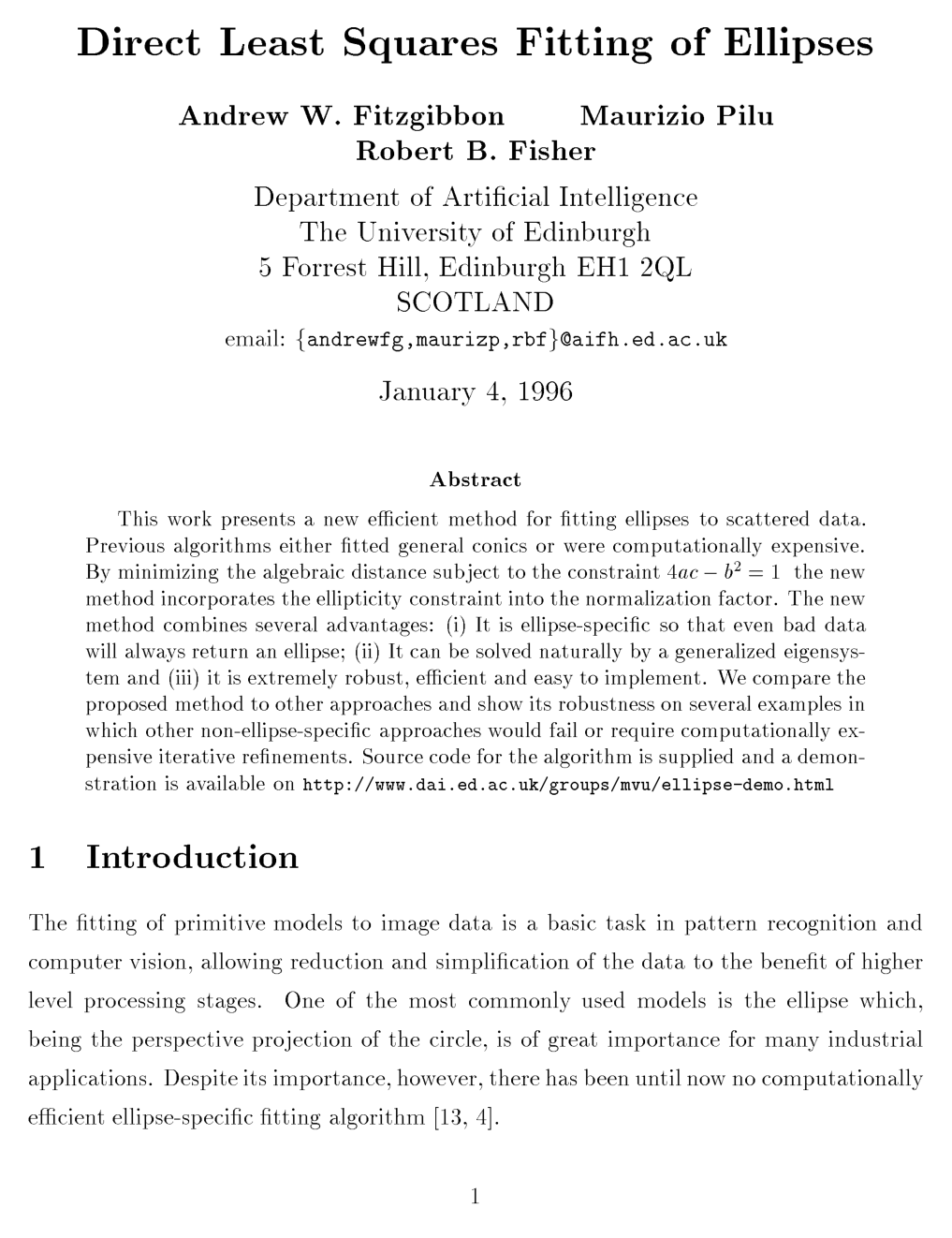 Cover for Direct Least Square Fitting of Ellipses