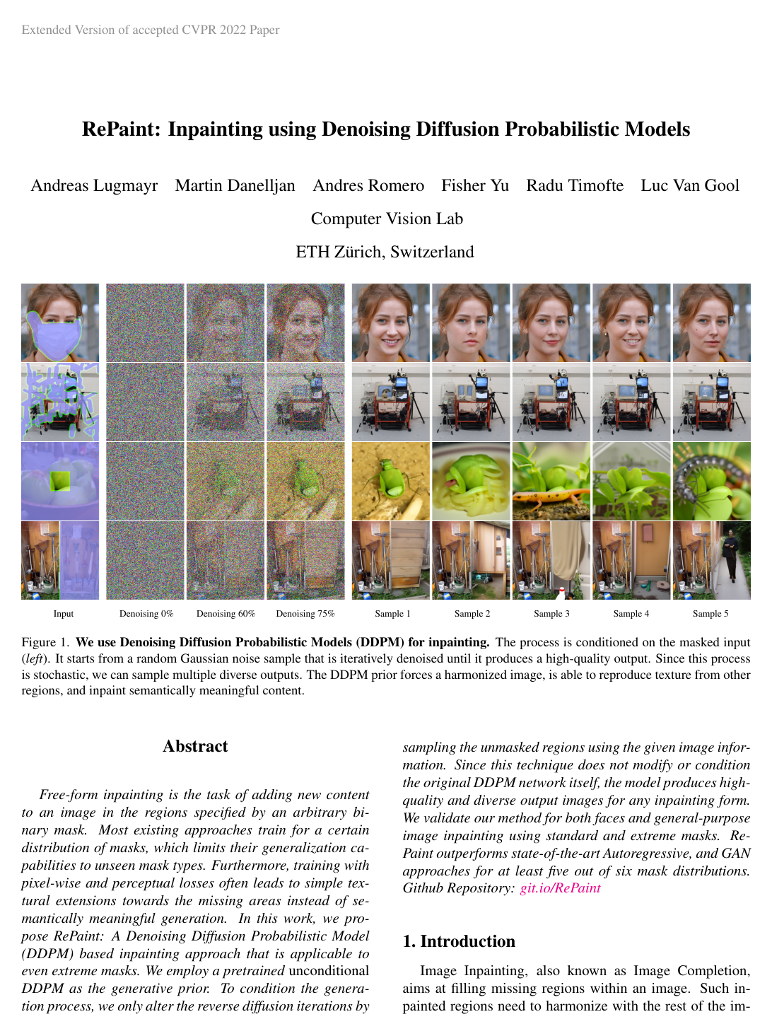 RePaint: Inpainting using Denoising Diffusion Probabilistic Models