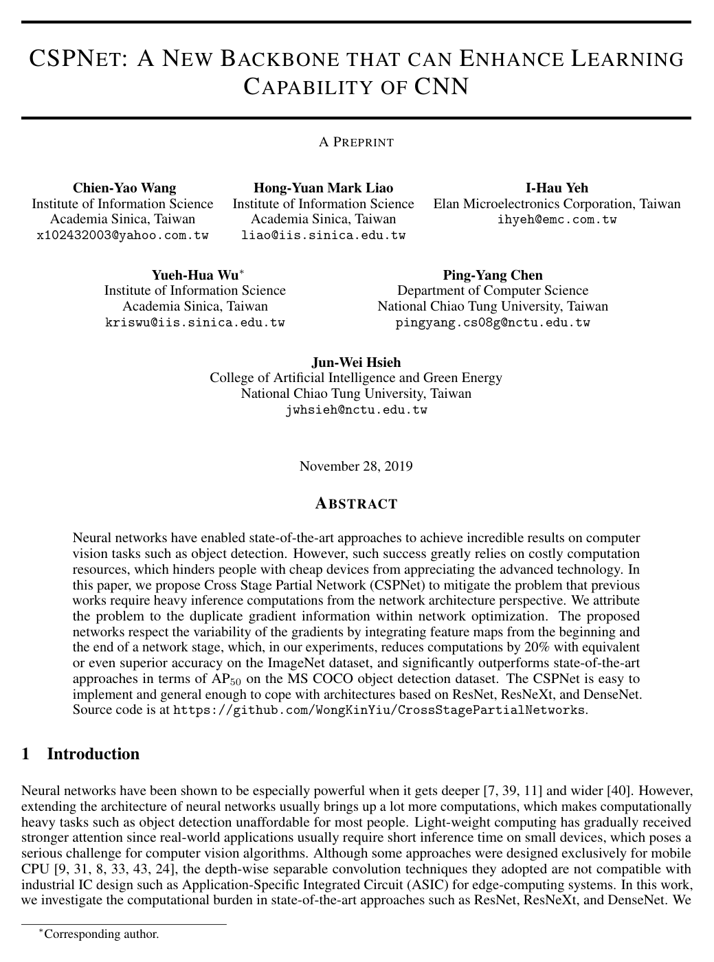 CSPNet: A New Backbone that can Enhance Learning Capability of CNN