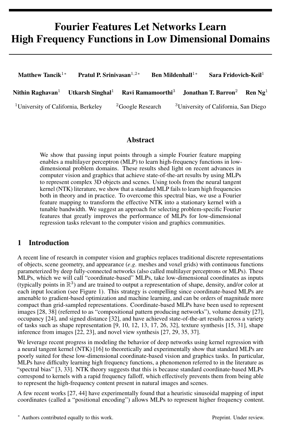 Fourier Features Let Networks Learn High Frequency Functions in Low Dimensional Domains