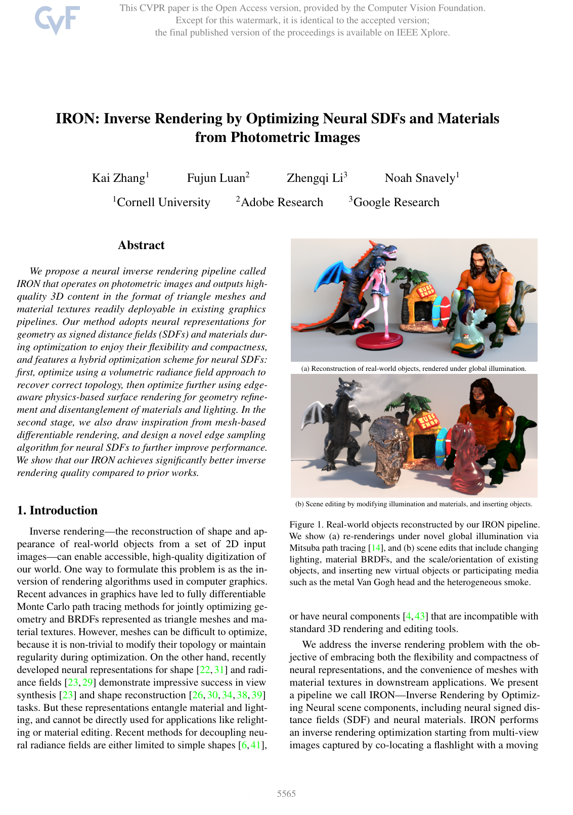Cover for IRON: Inverse Rendering by Optimizing Neural SDFs and Materials from Photometric Images