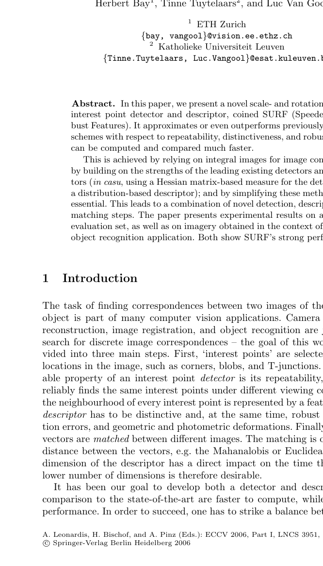 SURF: Speeded Up Robust Features