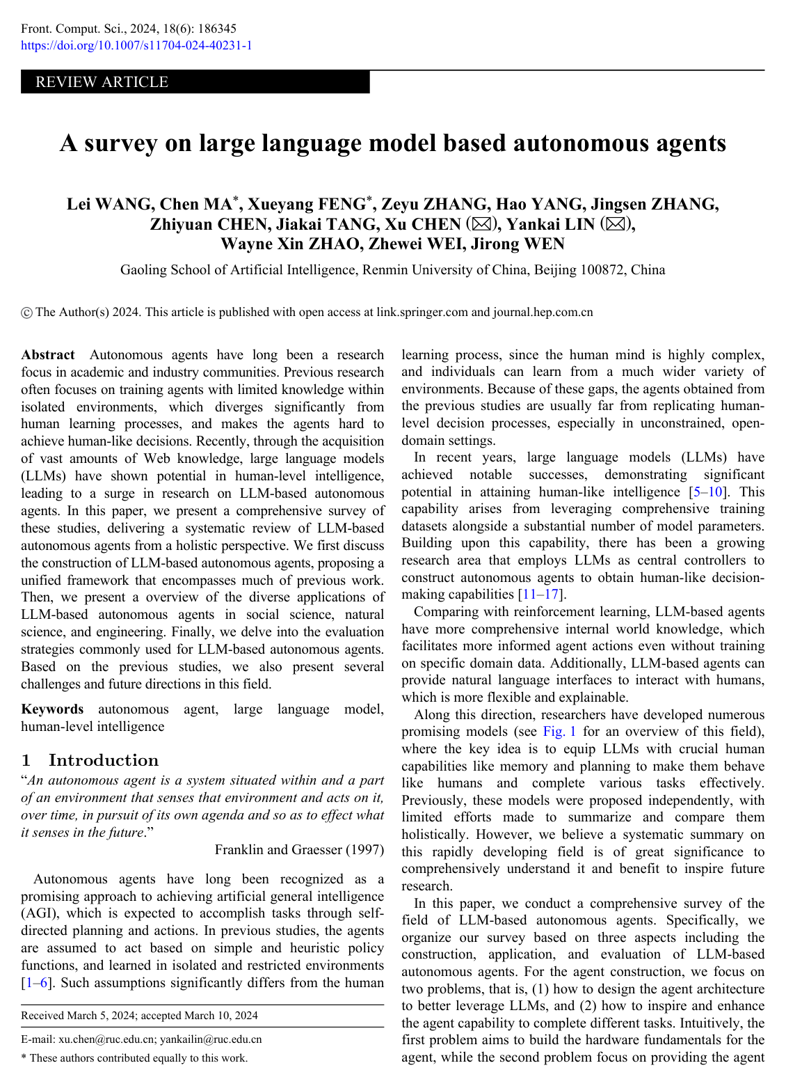 Cover for A survey on large language model based autonomous agents