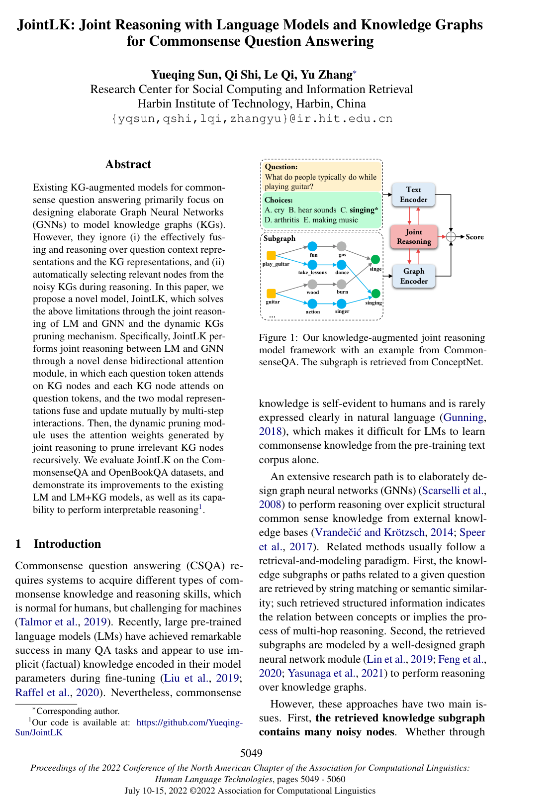 Cover for JointLK: Joint Reasoning with Language Models and Knowledge Graphs for Commonsense Question Answering