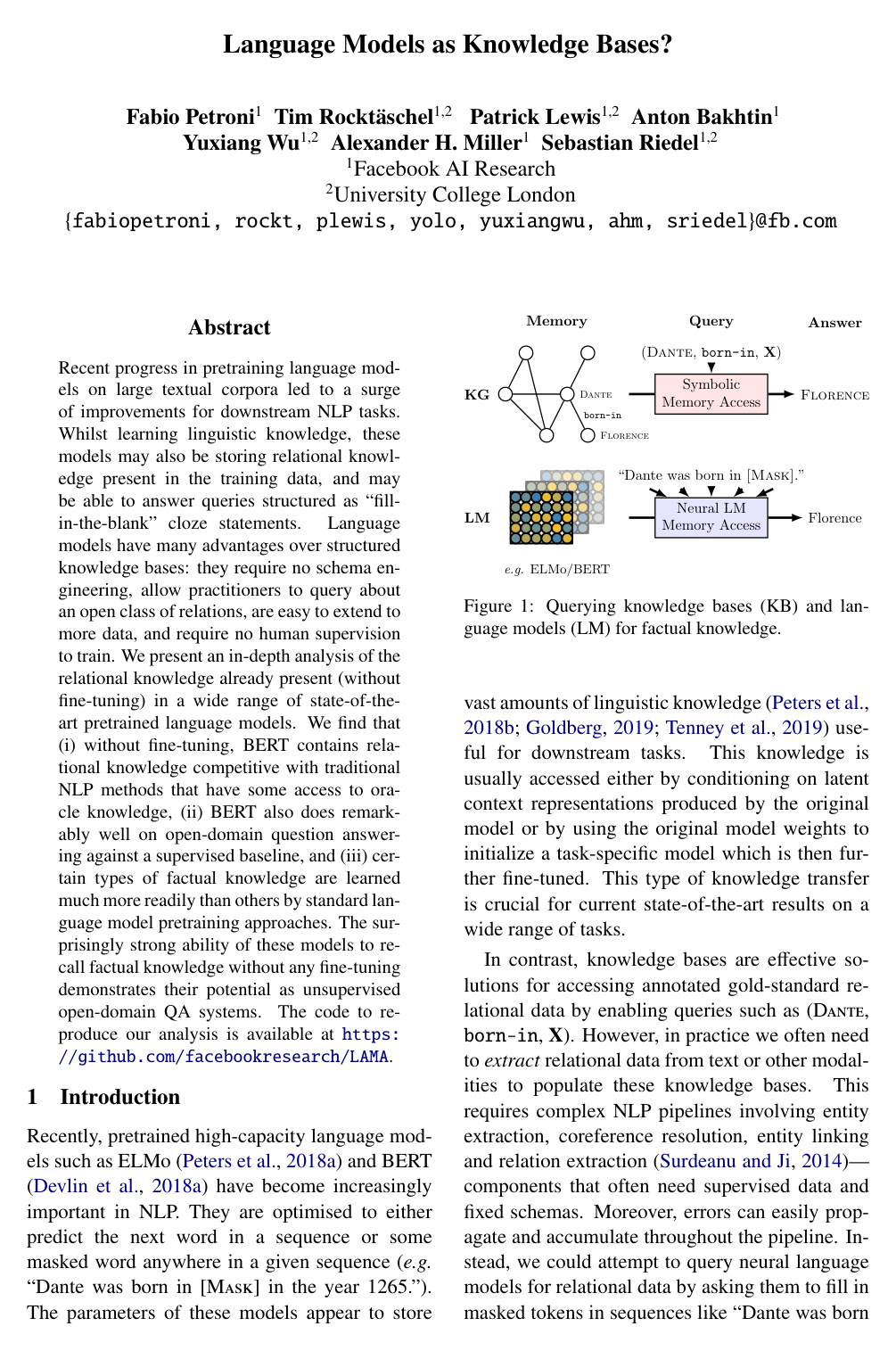 Cover for Language Models as Knowledge Bases?