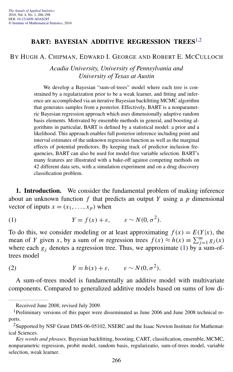 Cover for BART: Bayesian Additive Regression Trees