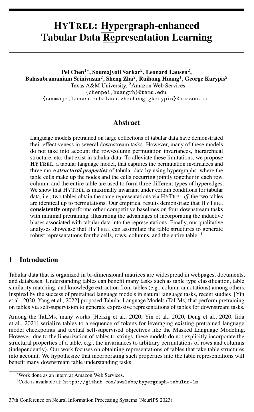 Cover for HyTrel: Hypergraph-enhanced Tabular Data Representation Learning