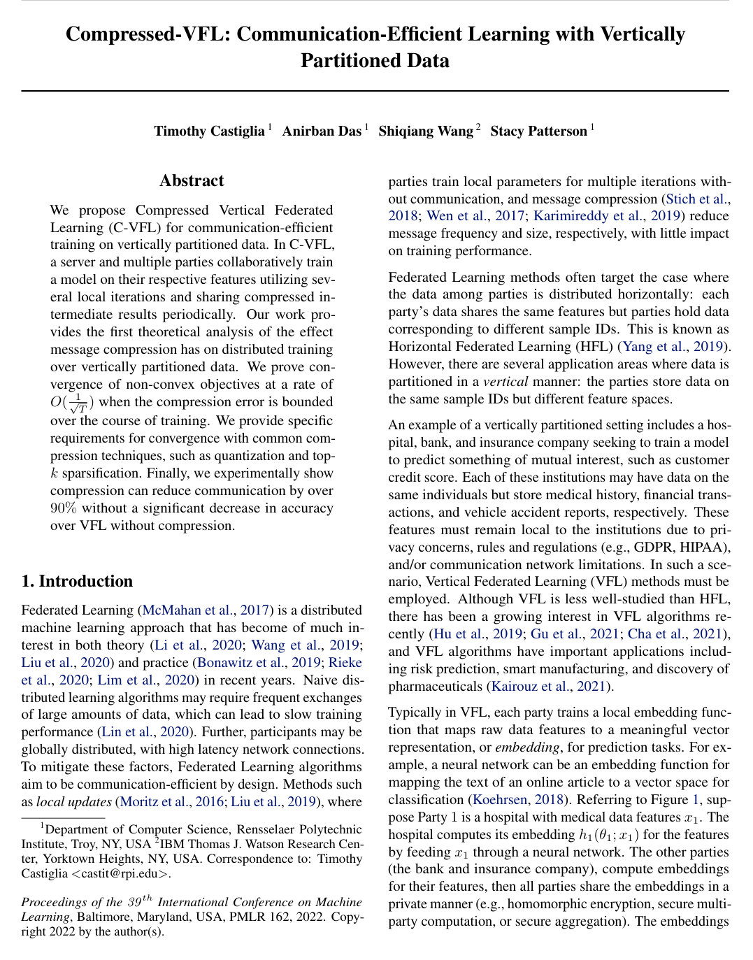 Compressed-VFL: Communication-Efficient Learning with Vertically Partitioned Data