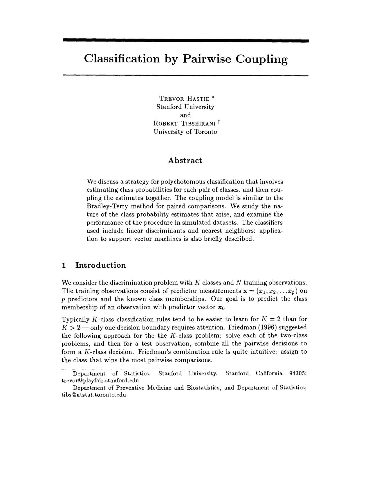 Classification by Pairwise Coupling