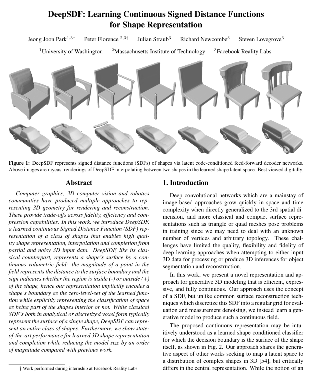 DeepSDF: Learning Continuous Signed Distance Functions for Shape Representation