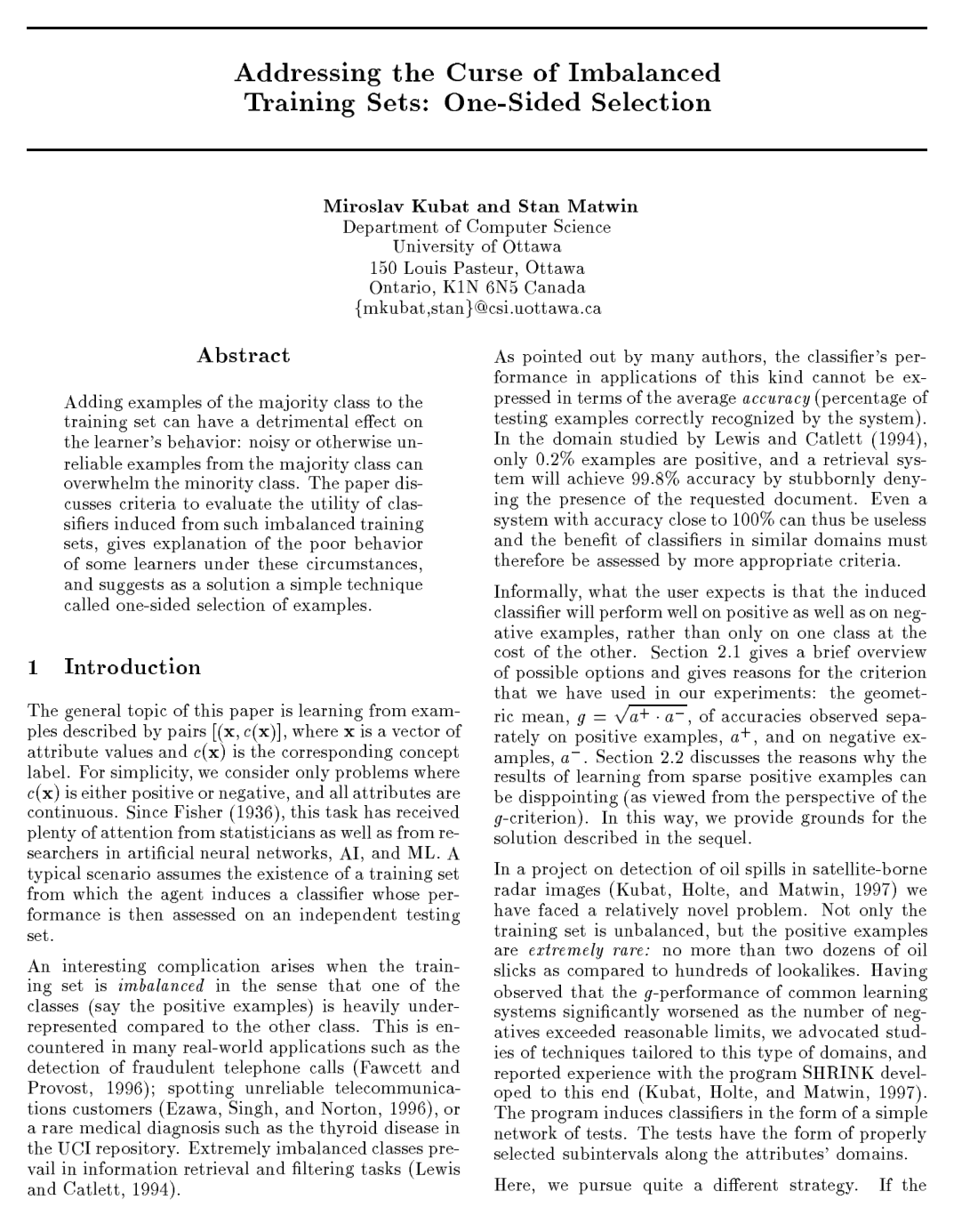 Cover for Addressing the Curse of Imbalanced Training Sets: One-Sided Selection