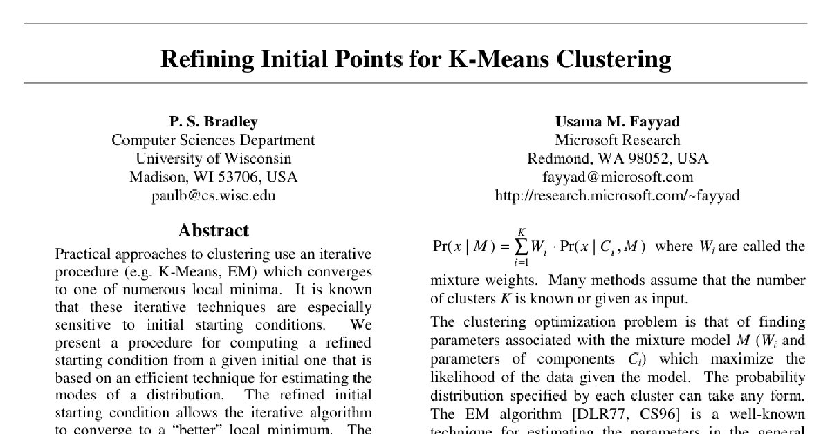 Refining Initial Points for K-Means Clustering cover