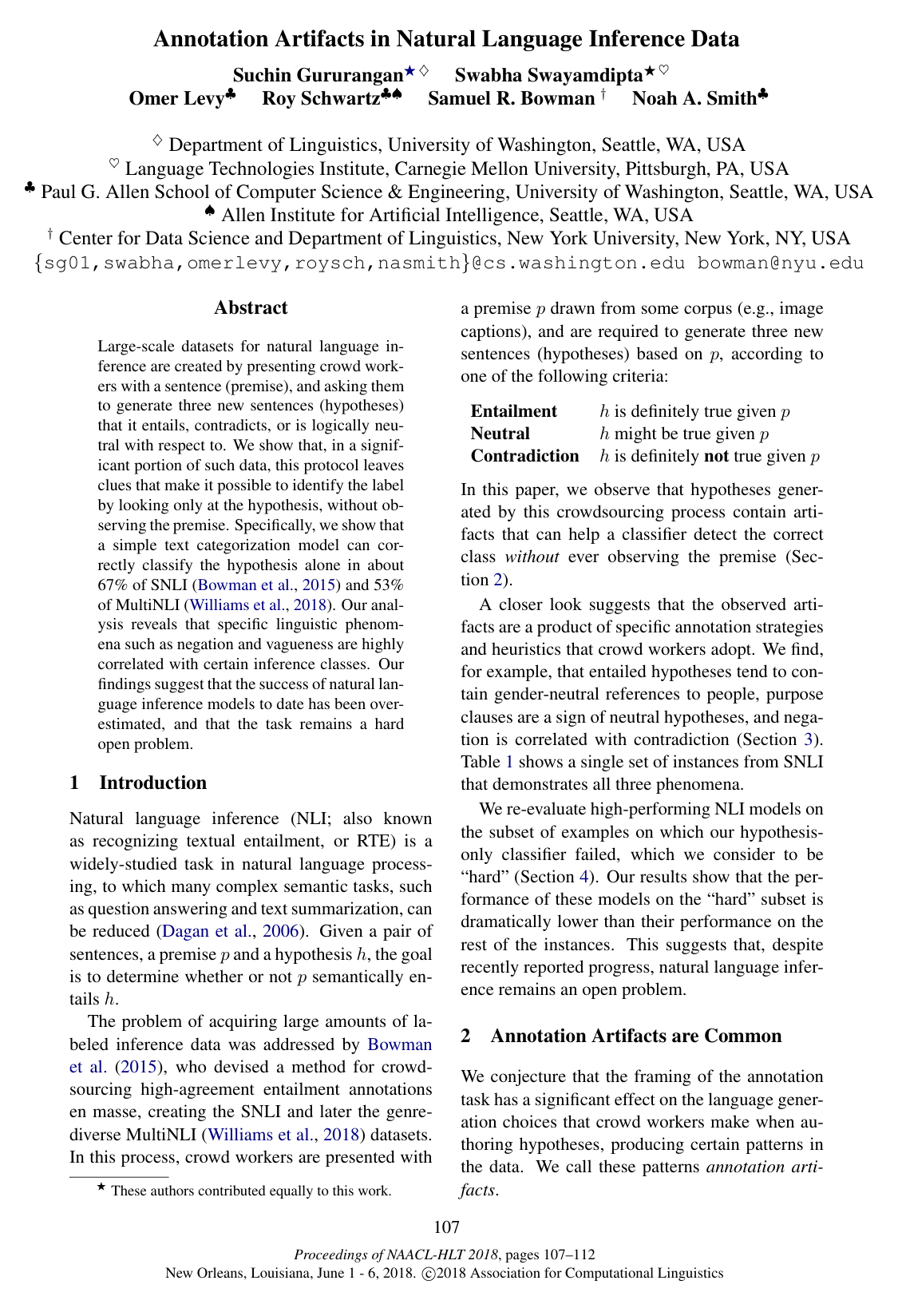 Cover for Annotation Artifacts in Natural Language Inference Data