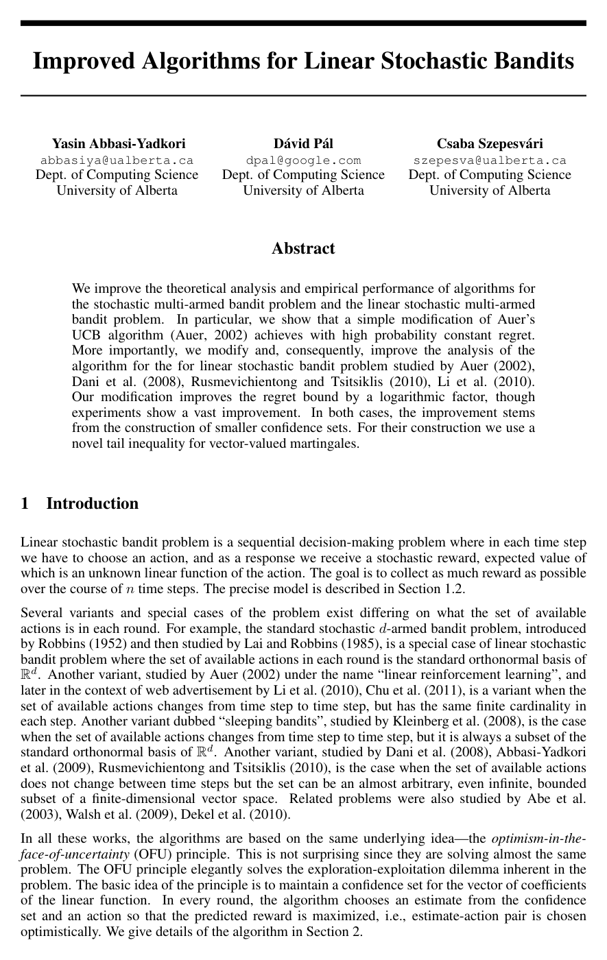 Cover for Improved Algorithms for Linear Stochastic Bandits