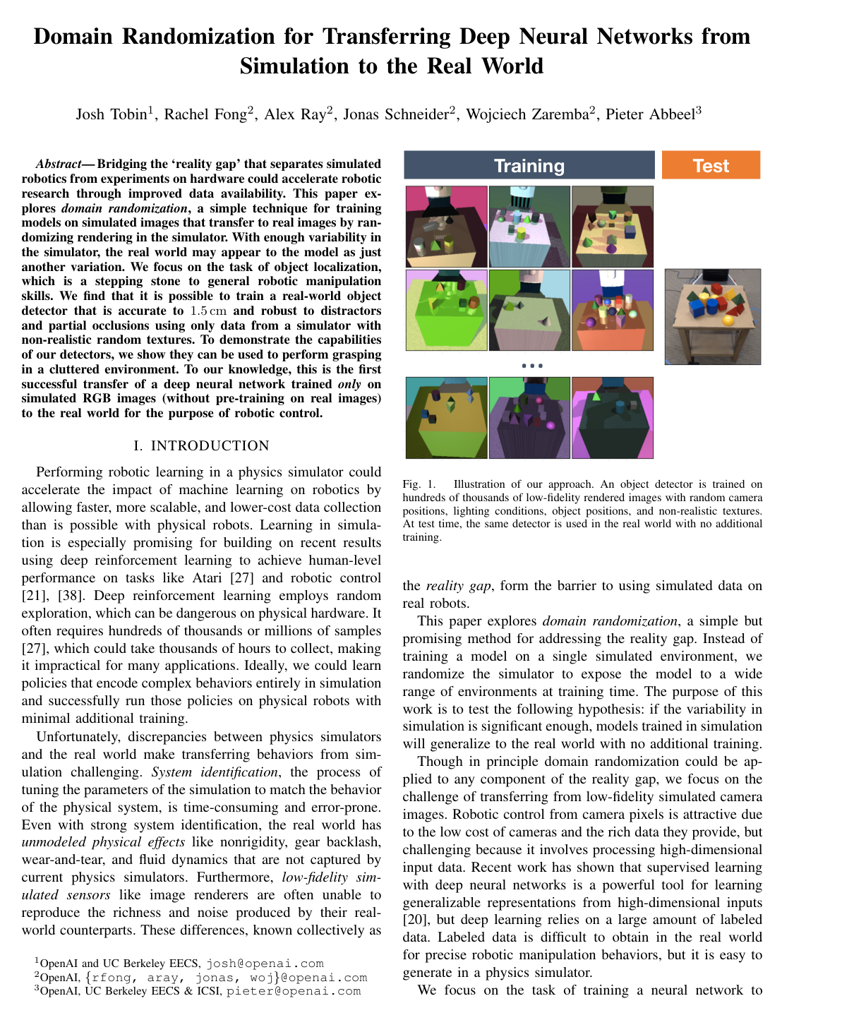 Domain randomization for transferring deep neural networks from simulation to the real world