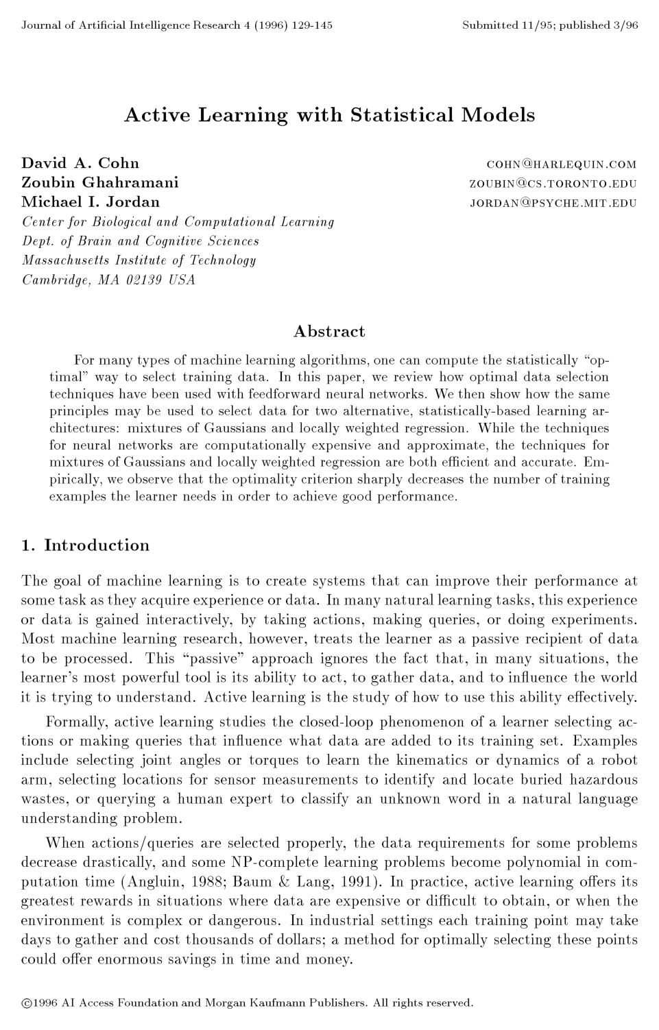 Cover for Active Learning with Statistical Models