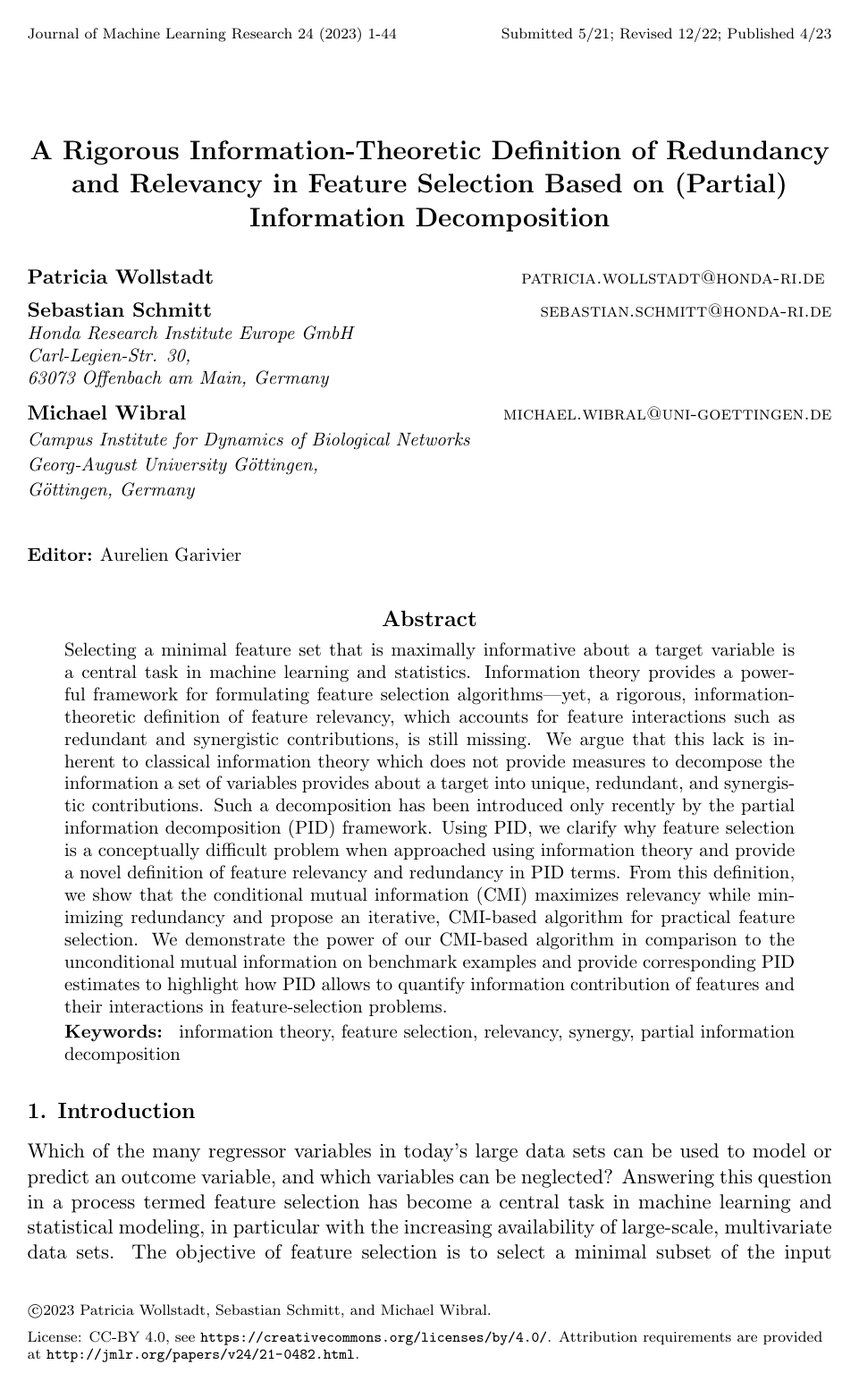 A Rigorous Information-Theoretic Definition of Redundancy and Relevancy in Feature Selection Based on (Partial) Information Decomposition