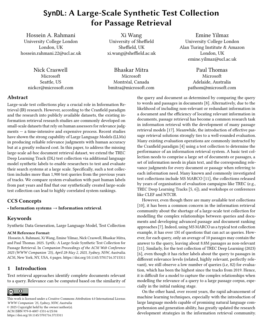 SynDL: A Large-Scale Synthetic Test Collection for Passage Retrieval