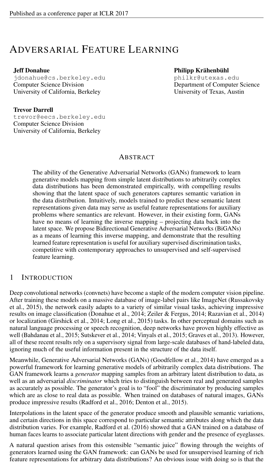 Cover for Adversarial Feature Learning