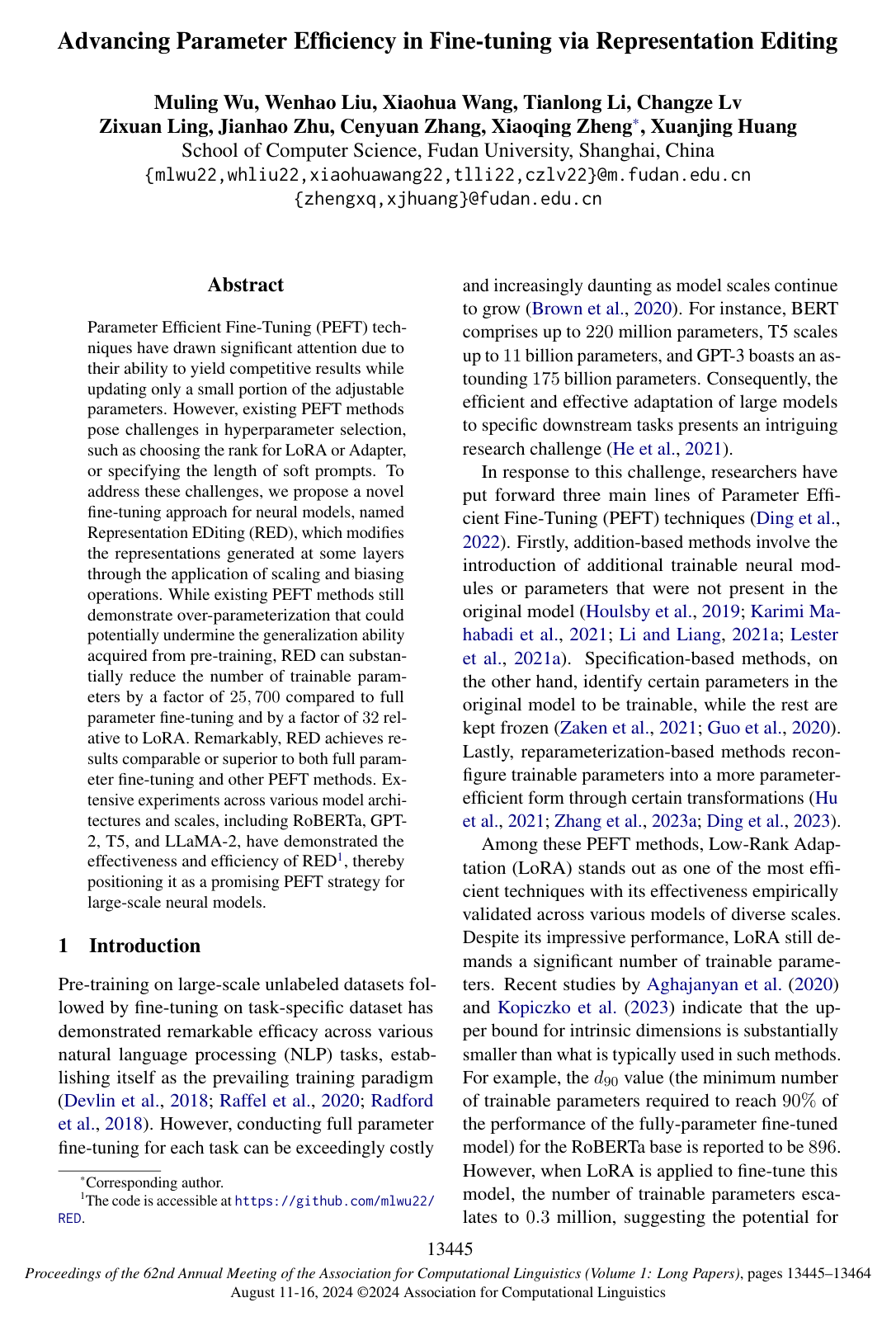 Advancing Parameter Efficiency in Fine-tuning via Representation Editing