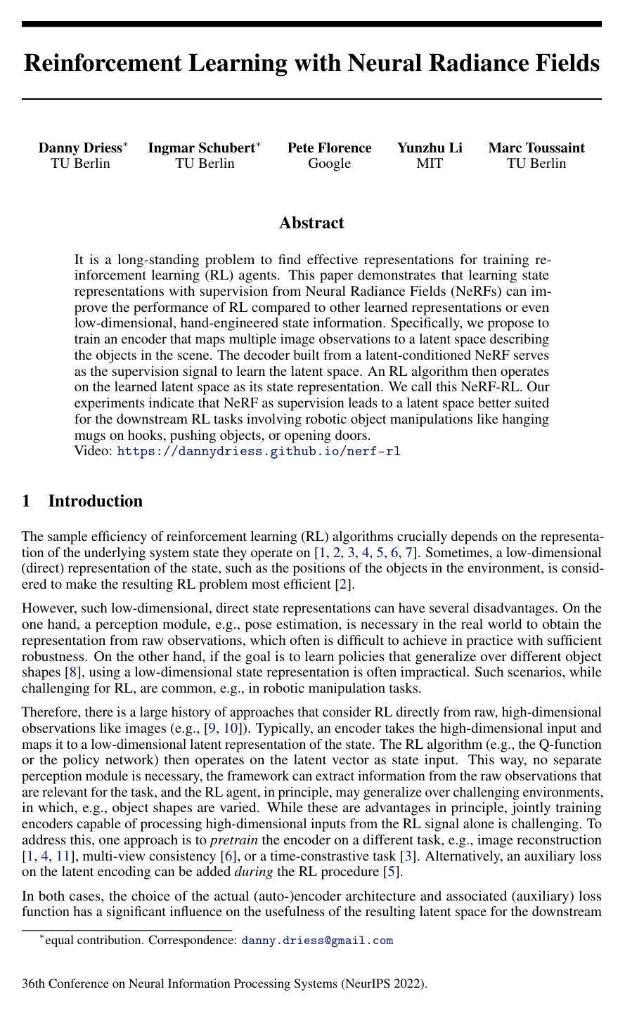 Reinforcement Learning with Neural Radiance Fields