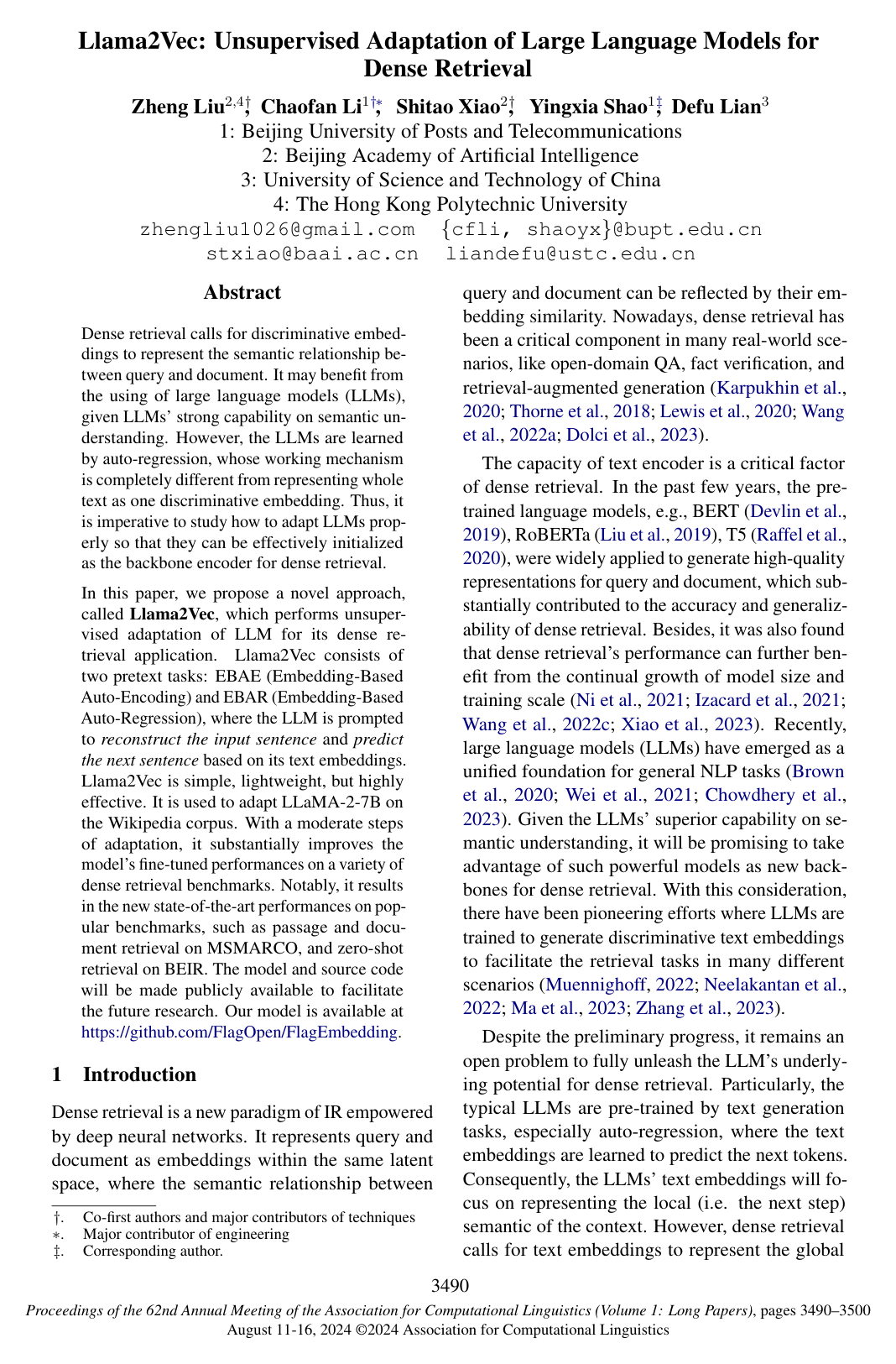 Llama2Vec: Unsupervised Adaptation of Large Language Models for Dense Retrieval