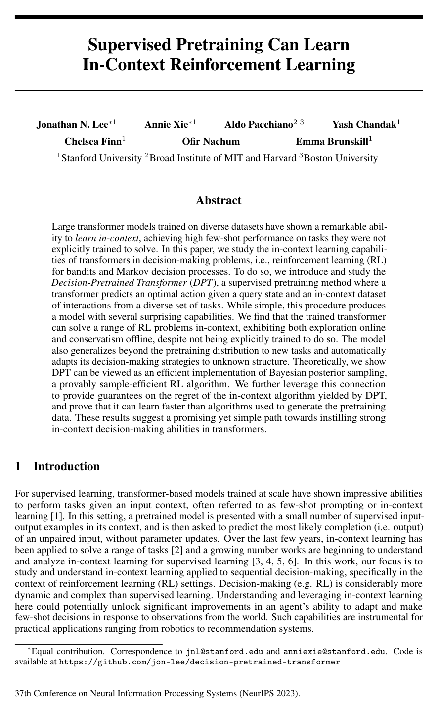 Cover for Supervised Pretraining Can Learn In-Context Reinforcement Learning
