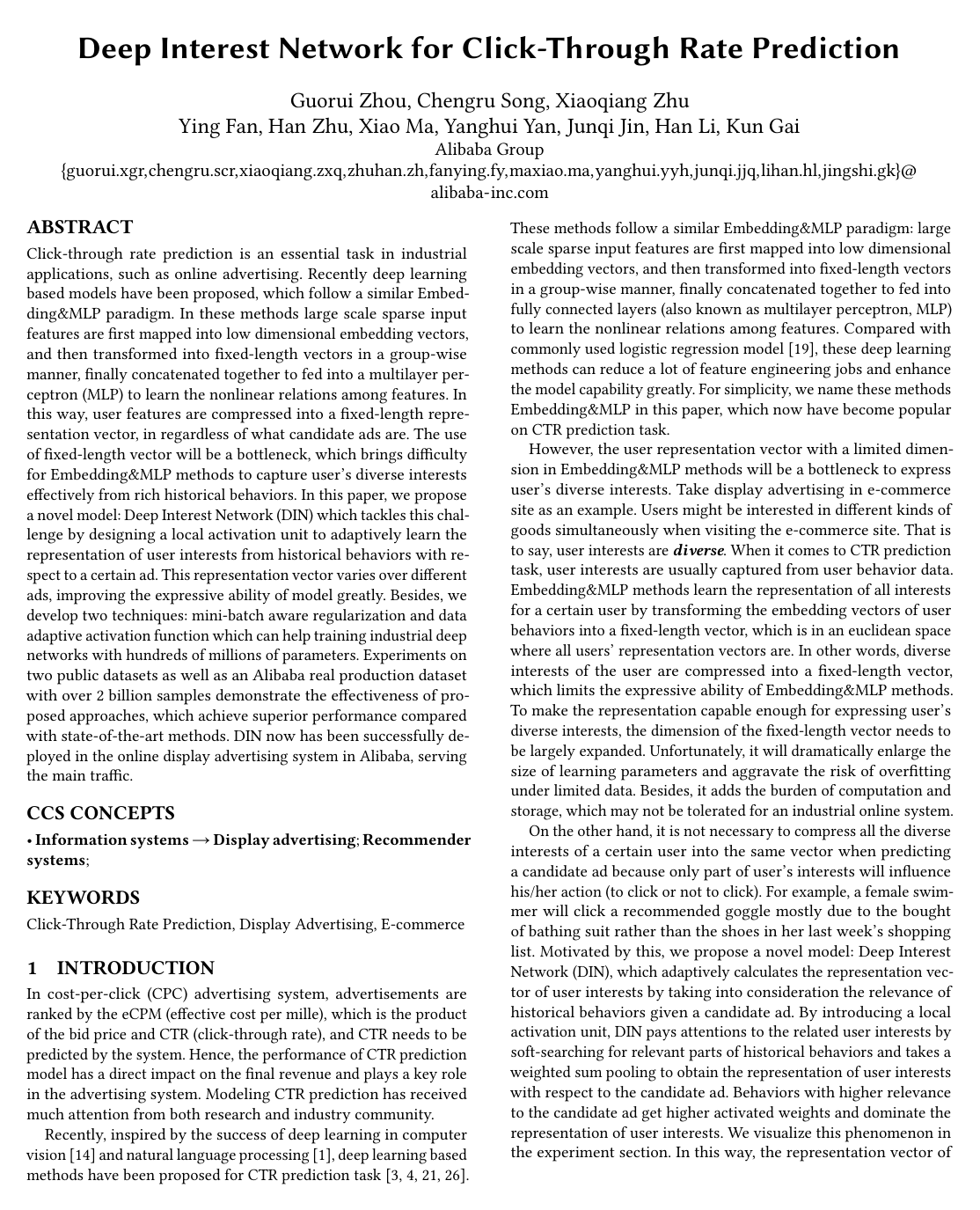 Deep Interest Network for Click-Through Rate Prediction