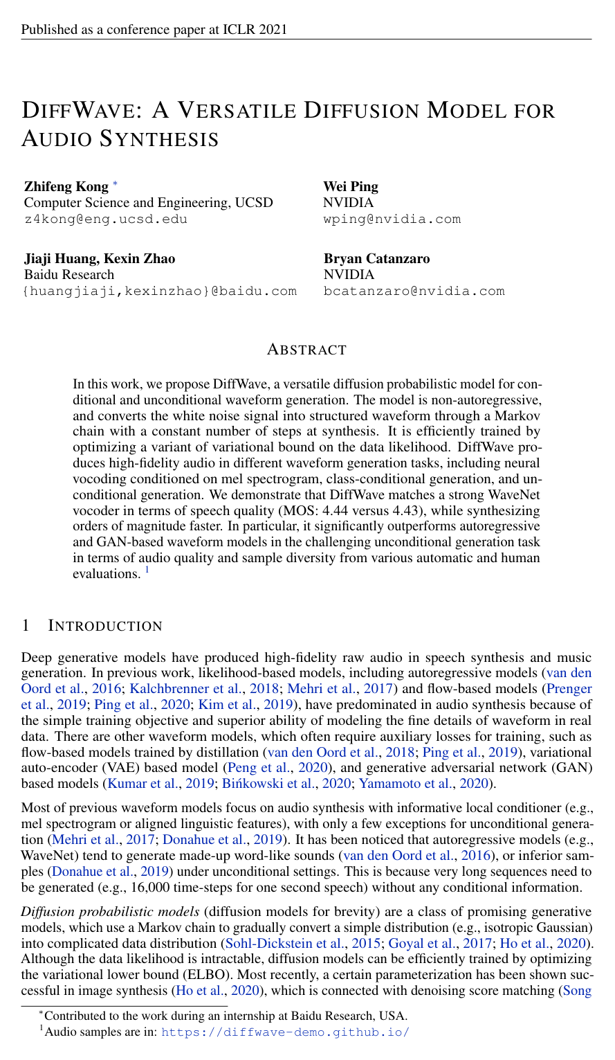 DiffWave: A Versatile Diffusion Model for Audio Synthesis