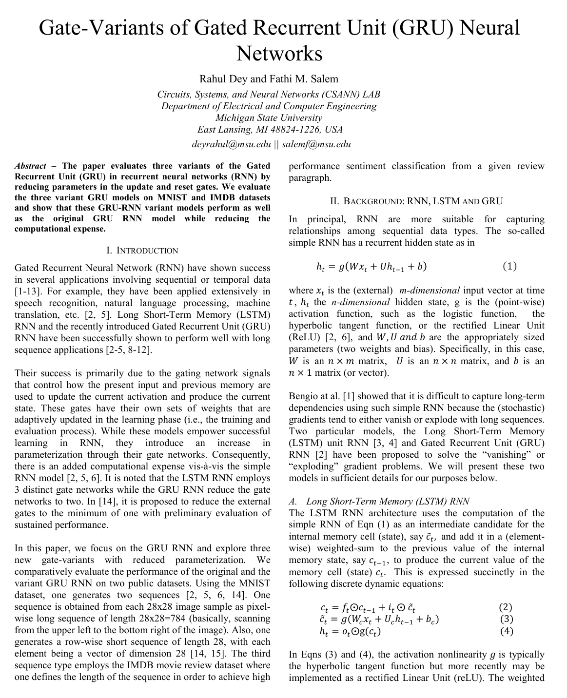 Cover for Gate-variants of Gated Recurrent Unit (GRU) neural networks