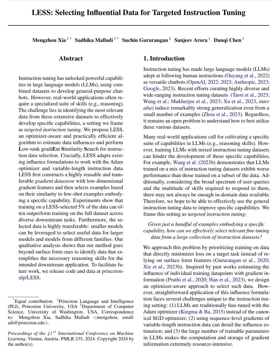 LESS: Selecting Influential Data for Targeted Instruction Tuning