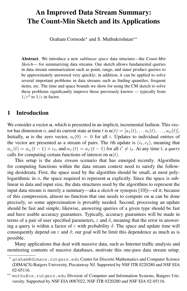 An Improved Data Stream Summary: The Count-Min Sketch and Its Applications