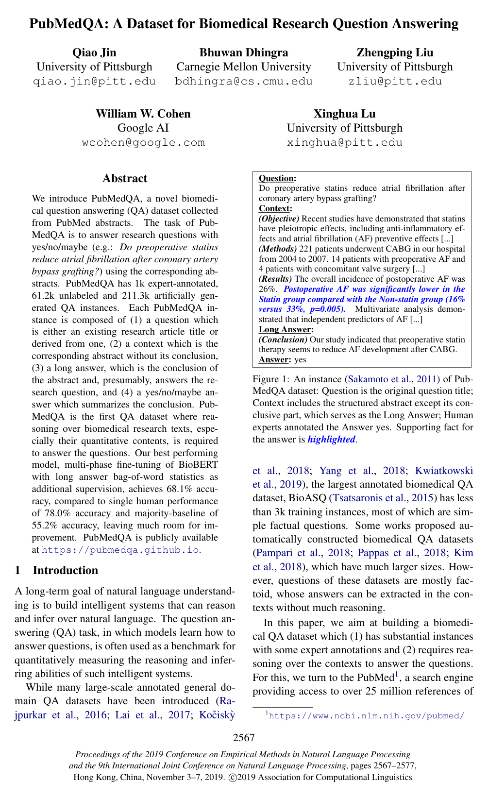 Cover for PubMedQA: A Dataset for Biomedical Research Question Answering