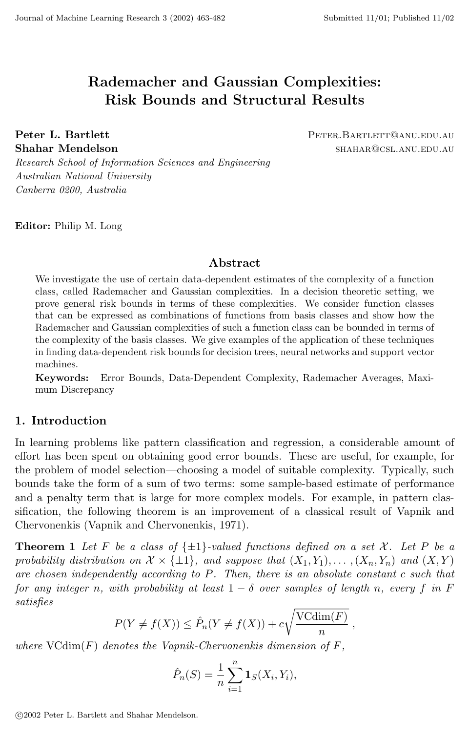 Cover for Rademacher and Gaussian Complexities: Risk Bounds and Structural Results