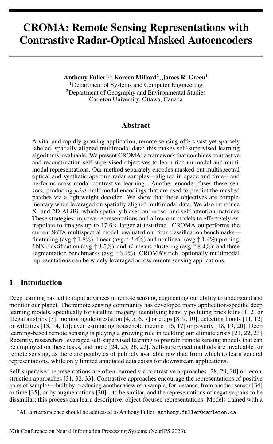 CROMA: Remote Sensing Representations with Contrastive Radar-Optical Masked Autoencoders