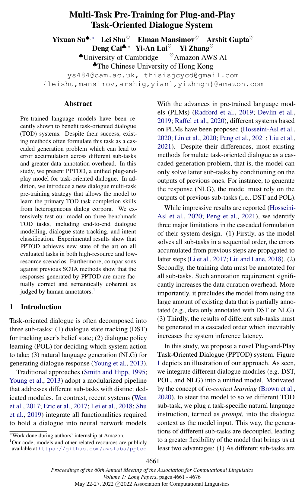 Multi-Task Pre-Training for Plug-and-Play Task-Oriented Dialogue System