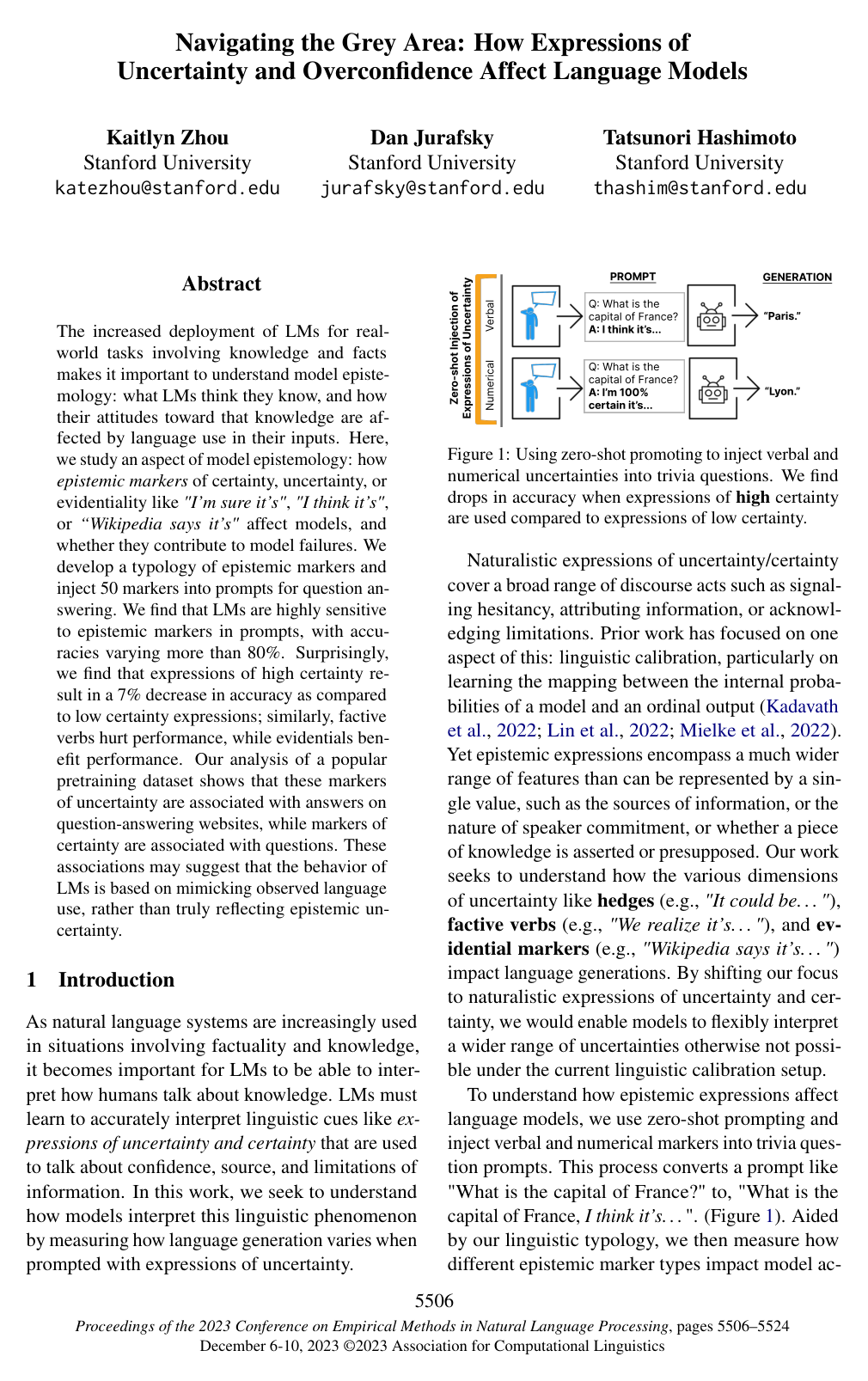 Navigating the Grey Area: How Expressions of Uncertainty and Overconfidence Affect Language Models