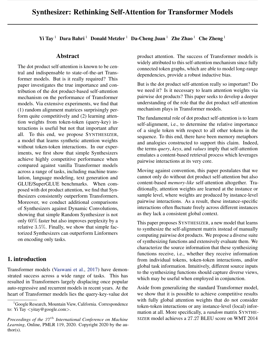 Synthesizer: Rethinking Self-Attention for Transformer Models
